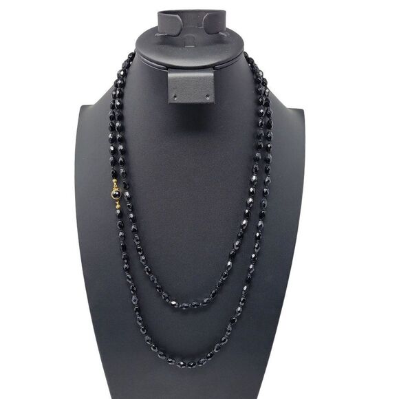 Vintage Signed Austrian Black Glass Beaded Flapper Necklace Oblong Bicone Long - Picture 2 of 13